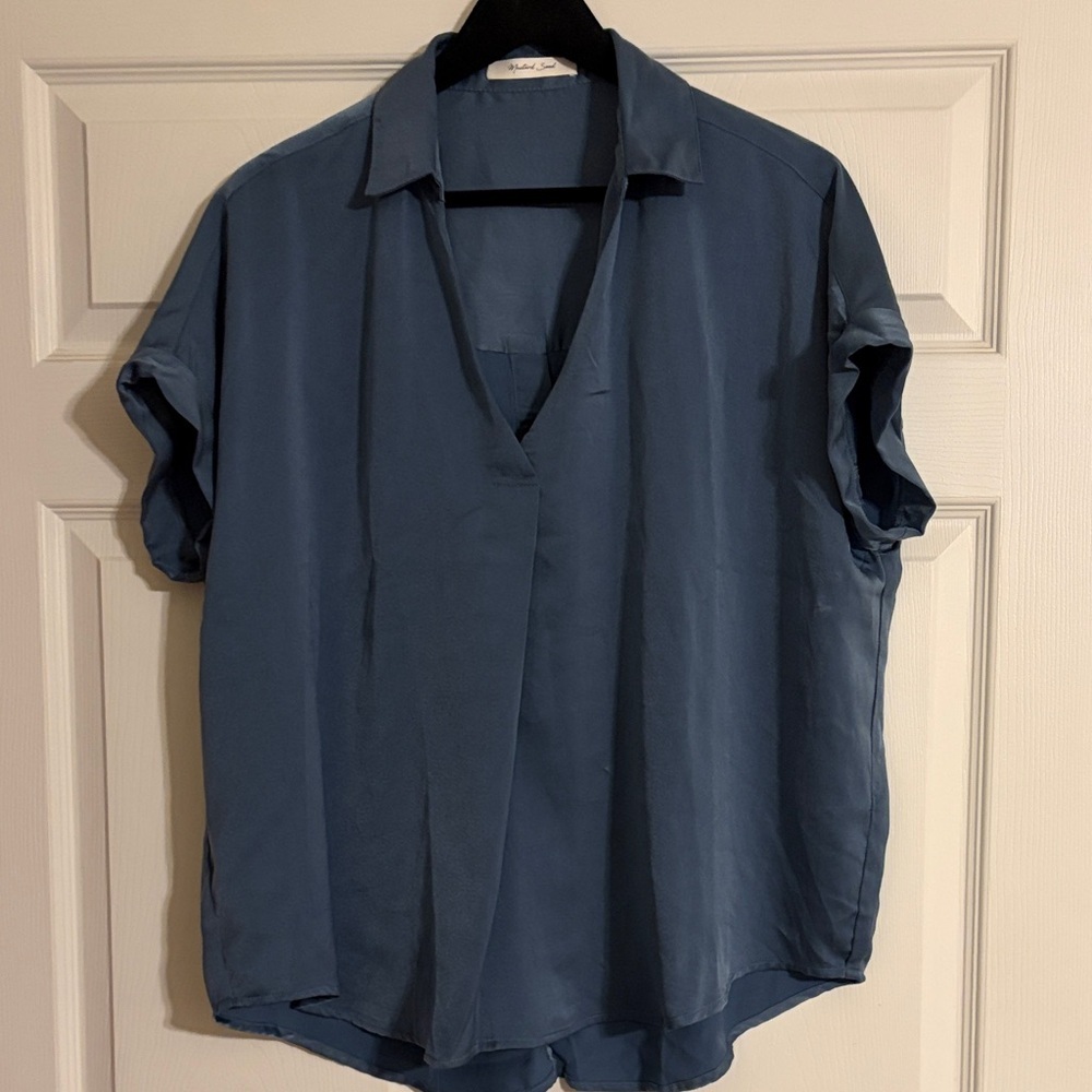 Mustard Seed Slate Blue Split Neck Blouse